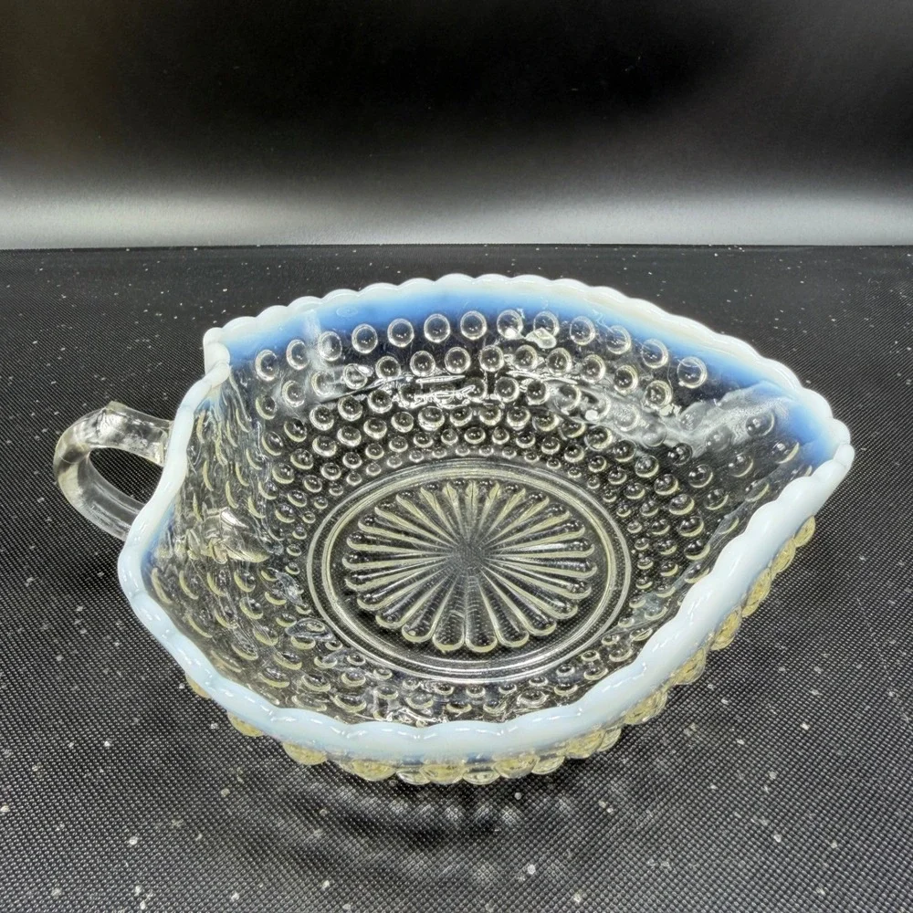 Anchor Hocking Moonstone Hobnail Opalescent Glass Bowl Ruffled Edge W‎ Handle